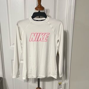 NWT Nike White Dri-Fit Swim Shirt with Pink and Gray Logo